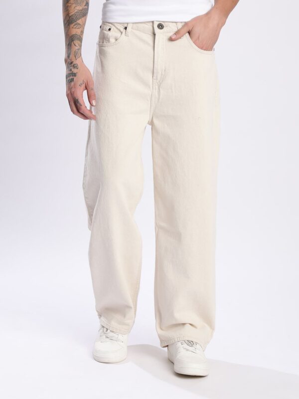Men Beige Pure Cotton Rigid Baggy Fit Denim Jeans
